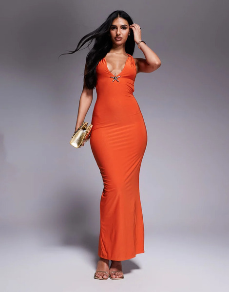  Missyempire Vestido Largo Naranja Escotado Y Ceñido Con Tiras Cruzadas En La Espalda, Diseño De Doble Capa Y Detalle De Estrella De Mar De Metal De Missyempire 