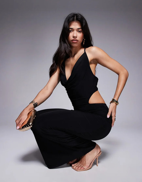  Missyempire Vestido Largo Negro Ceñido Con Cuello Desbocado, Espalda Al Aire Y Detalle De Abertura De Tejido Doble De Missyempire 