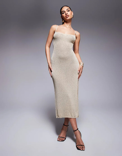  Missyempire Vestido Midi Dorado Metalizado Con Abertura Lateral Y Espalda Abierta Con Cordones De Punto De Missyempire 