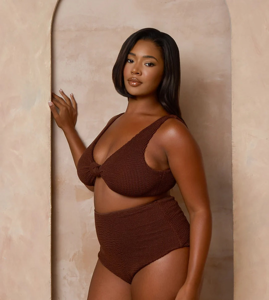  Moda Minx Curve Braguitas De Bikini Marrón Café De Talle Alto De Tejido Fruncido De Moda Minx Curve X Alessa Tyrrell-charles 