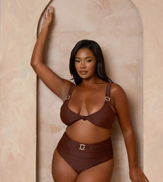  Moda Minx Curve Moda Minx Curve X Alessa Tyrrell-charles - Braguitas De Bikini Marrón Café Fruncidas Con Detalle De Pedrería 