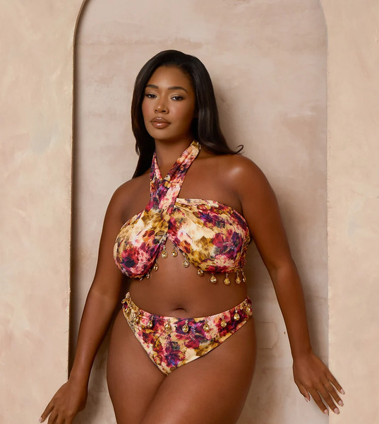  Moda Minx Curve Moda Minx Curve X Alessa Tyrrell-charles - Braguitas De Bikini Multicolores De Talle Alto Con Estampado Floral Y Detalle De Cuentas 