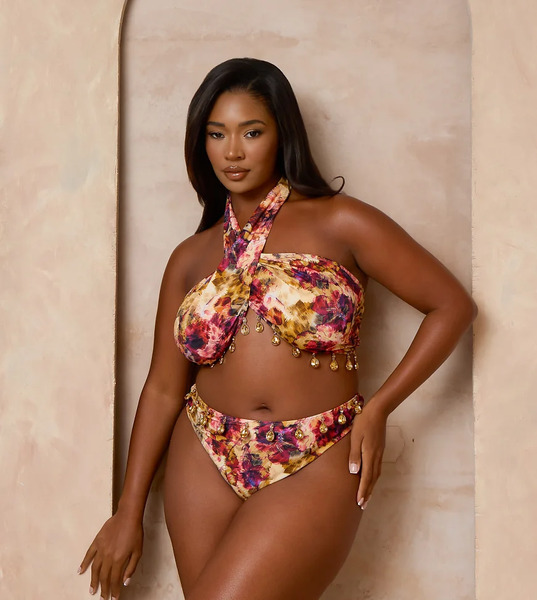  Moda Minx Curve Moda Minx Curve X Alessa Tyrrell-charles - Top De Bikini Multicolor Cruzado Con Estampado Floral Y Detalle De Cuentas 