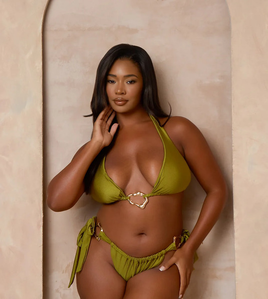  Moda Minx Curve Moda Minx Curve X Alessa Tyrrell-charles - Top De Bikini Verde Oliva Triangular Con Detalle De Herrajes Efecto Fundido 