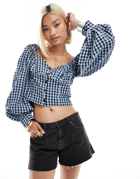  Monki Blusa A Cuadros Vichy Azul Oscuro Y Negros De Manga Larga Con Botones Delanteros De Sirsaca De Monki 