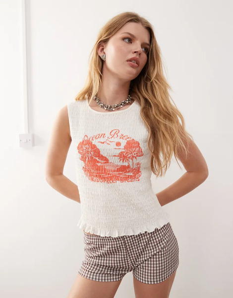  Monki Camiseta Blanca Fruncida De Corte Amplio Sin Mangas Con Bordes Ondulados Y Estampado Naranja En Contraste ocean Breeze De Monki-blanco 