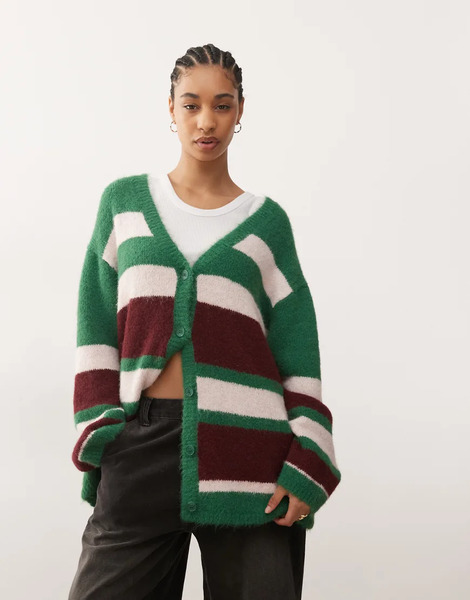  Monki Cárdigan Burdeos Y Rosa A Rayas Extragrande De Monki-verde 