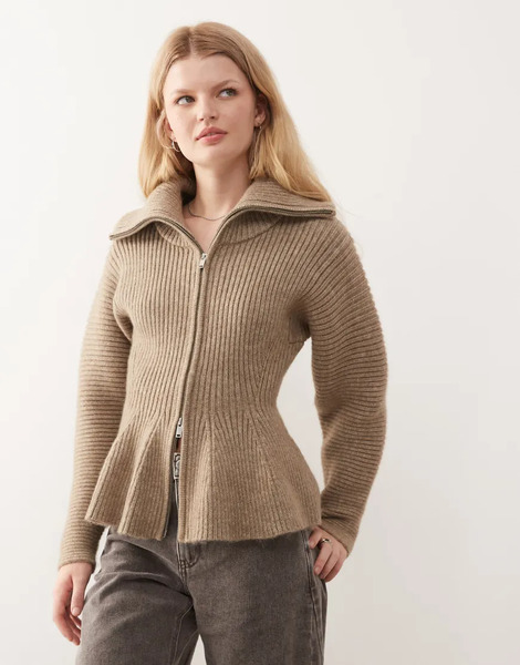  Monki Cárdigan Marrón Claro Con Cremallera Bidireccional, Cintura Ceñida Y Bajo De Sobrefalda De Monki-brown 