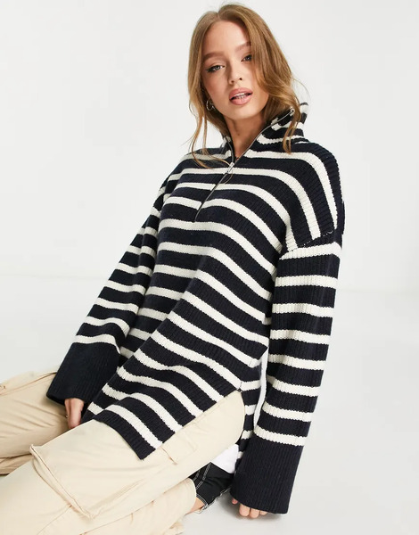  Monki Jersey A Rayas Azul Marino Y Blanco Hueso Extragrande Con Cremallera En El Cuello De Monki-multicolor 