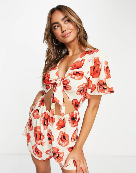  Monki Mono Corto Holgado Con Lazada Delantera, Volantes En Las Mangas Y Estampado De Amapolas De Monki-multicolor 
