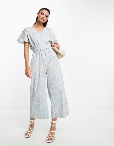  Monki Mono Largo Azul De Manga Corta Con Estampado De Lunares, Cuello De Pico Y Lazada En La Cintura De Monki 