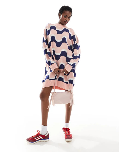  Monki Vestido Corto Azul Y Rosa Extragrande Con Patrón De Rayas Onduladas De Jacquard De Punto De Monki-multicolor 