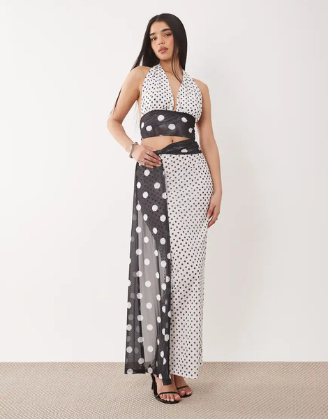  Murci Falda Larga Monocromática Con Estampado De Lunares En Contraste Y Detalle Colgante En La Cintura De Malla De Murci (parte De Un Conjunto)-multicolor 