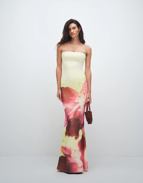  Murci Vestido Amarillo Limón De Corte Sirena Con Estampado Floral Rosa Y Escote Palabra De Honor De Malla De Murci 
