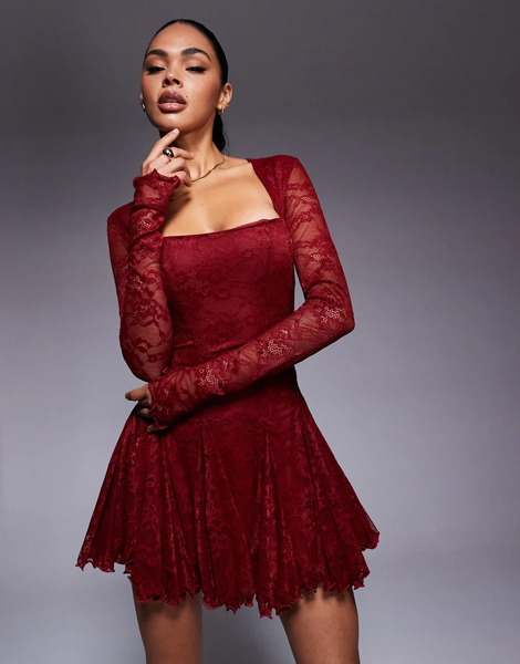  Murci Vestido Corto Burdeos De Manga Larga Con Escote Cuadrado Y Bajo De Volantes Fruncidos De Encaje De Murci-rojo 
