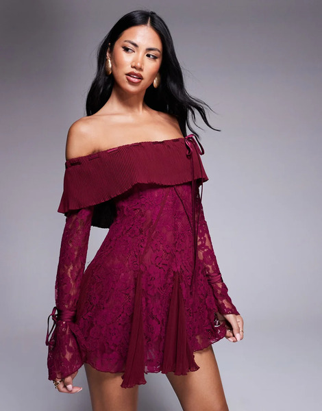  Murci Vestido Corto Color Ciruela De Corte Evasé Con Escote Bardot Y Detalle De Godets De Encaje Exclusivo De Murci-morado 