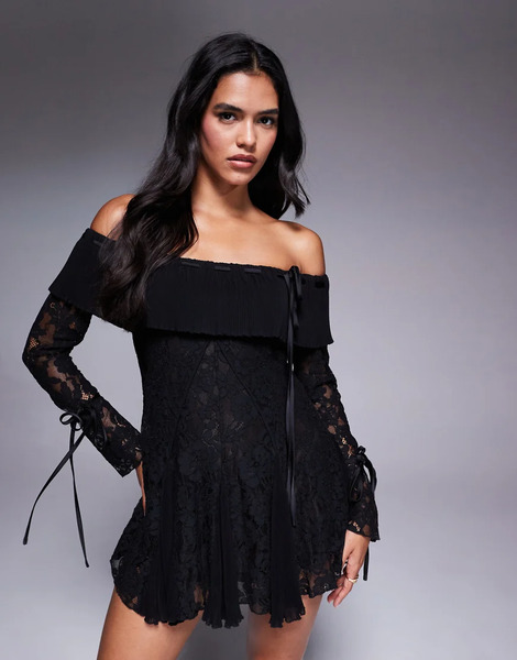  Murci Vestido Corto Negro De Corte Evasé Con Escote Bardot Y Detalle De Godets De Encaje Exclusivo De Murci 