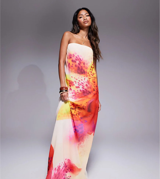  Murci Vestido Largo Blanco Hueso De Corte Trapecio Con Estampado Floral Y Escote Palabra De Honor De Chifón Exclusivo De Murci 