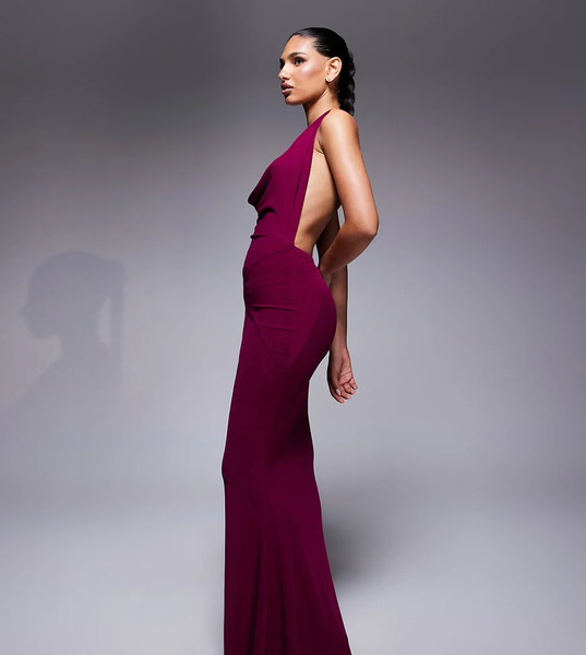  Murci Vestido Largo Color Ciruela Con Cuello Halter Desbocado Y Espalda Al Aire De Malla Exclusivo De Murci-morado 