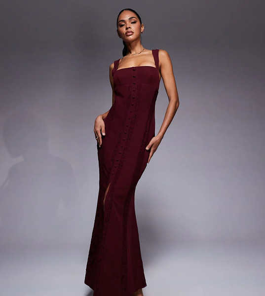  Murci Vestido Largo Color Ciruela Con Escote Cuadrado Y Panel De Encaje Transparente Exclusivo De Murci-morado 