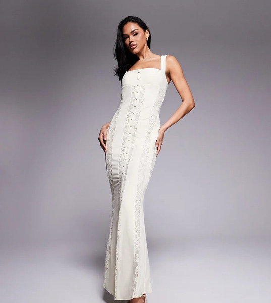  Murci Vestido Largo Color Crema Con Escote Cuadrado Y Panel De Encaje Transparente Exclusivo De Murci-blanco 