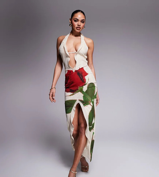 Murci Vestido Largo Color Crema Con Estampado De Rosas, Abertura Delantera, Volantes, Espalda Descubierta Y Cuello Halter Muy Escotado De Malla Exclusivo De Murci-multicolor 