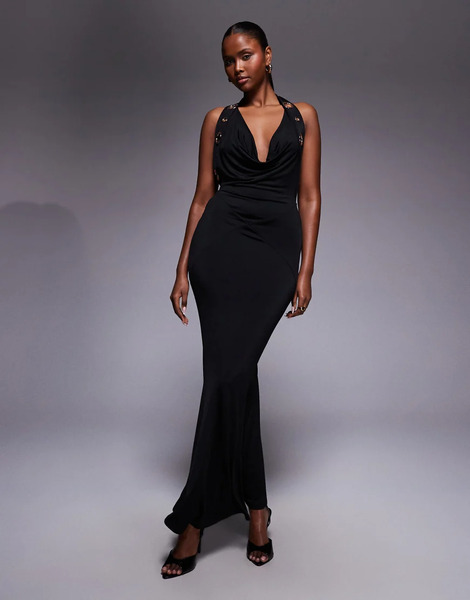  Murci Vestido Largo Negro Ceñido Con Cuello Halter Desbocado Muy Pronunciado, Detalle De Ojales Y Espalda Baja De Murci 