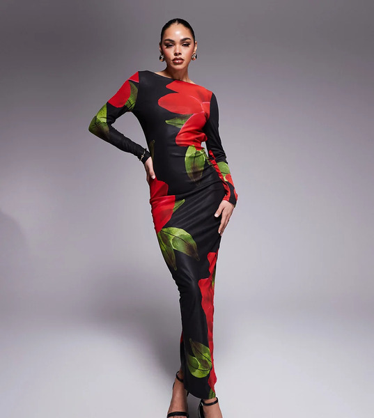  Murci Vestido Largo Negro Y Rojo Ajustado Con Estampado Floral, Espalda Descubierta Y Cuello Barco De Malla Exclusivo De Murci-multicolor 