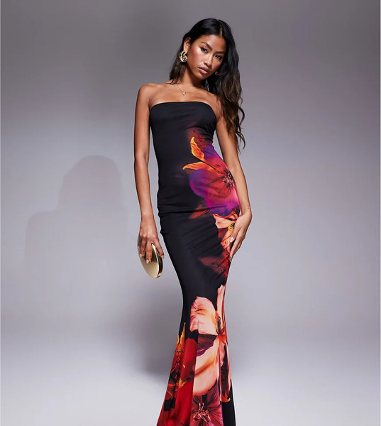 Murci Vestido Largo Negro Y Rojo De Corte Sirena Con Estampado Floral Y Escote Palabra De Honor De Malla Exclusivo De Murci 