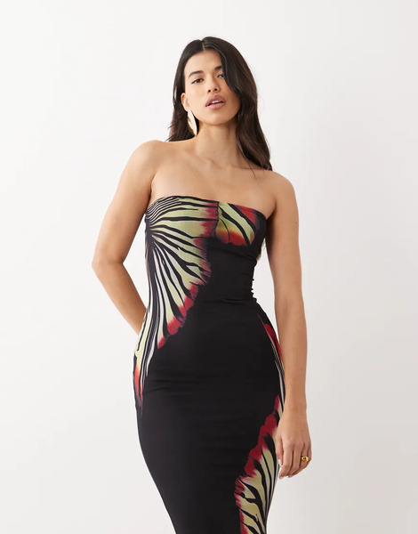  Murci Vestido Largo Negro Y Rojo De Corte Sirena Con Estampado Floral Y Escote Palabra De Honor De Malla De Murci 