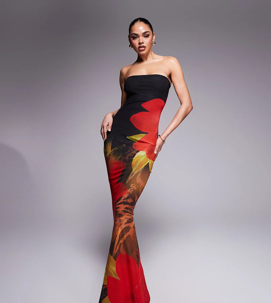  Murci Vestido Largo Negro Y Rojo De Corte Sirena Con Estampado Floral Y Escote Palabra De Honor Exclusivo De Murci-multicolor 