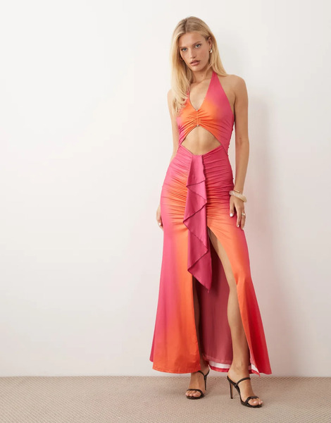  Murci Murci - Vestido Largo Rosa Atardecer Degradado Con Cuello Halter, Aberturas Delanteras Y Detalle De Volantes-multicolor 
