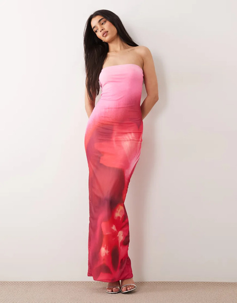  Murci Vestido Largo Rosa Y Rojo Con Estampado Floral Y Escote Palabra De Honor De Malla De Murci-multicolor 