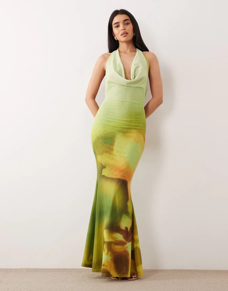  Murci Vestido Largo Verde Y Amarillo De Corte Sirena Con Estampado Floral, Cuello Halter Desbocado Y Espalda Escotada De Murci-multicolor 