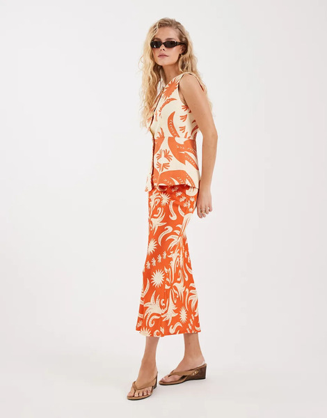  Never Fully Dressed Falda Larga Naranja Con Estampado Solar De Satén Cairo Dorris De Never Fully Dressed (parte De Un Conjunto) 