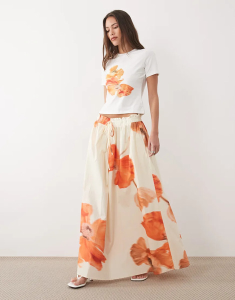  Never Fully Dressed Never Fully Dressed - Falda Larga Naranja De Corte Amplio Con Estampado Floral De Algodón-multicolor 
