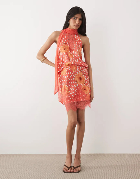  Never Fully Dressed Never Fully Dressed - Maeva - Minifalda Roja Estampada De Corte Al Bies De Satén Con Detalle De Encaje (parte De Un Conjunto)-rojo 