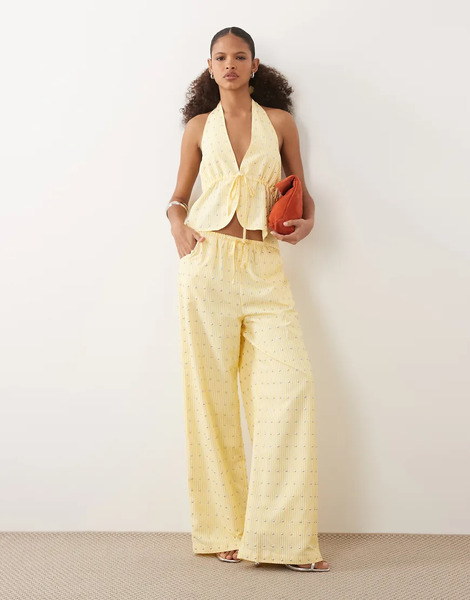  Never Fully Dressed Never Fully Dressed - Pantalones Color Limón A Rayas De Pernera Ancha Con Cordón Ajustable Y Tachuelas Ellie (parte De Un Conjunto)-amarillo 