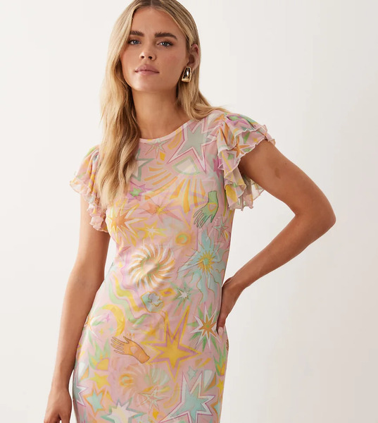  Never Fully Dressed Never Fully Dressed Petite - Vestido Largo Con Estampado Color Pastel Y Volantes En Las Mangas De Malla Frida-multicolor 