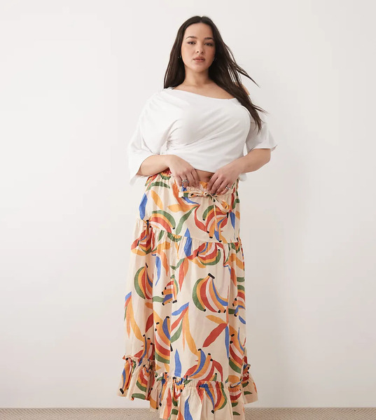  Never Fully Dressed Plus Never Fully Dressed Plus - Falda Color Crema Escalonada Con Estampado De Plátanos De Algodón-multicolor 