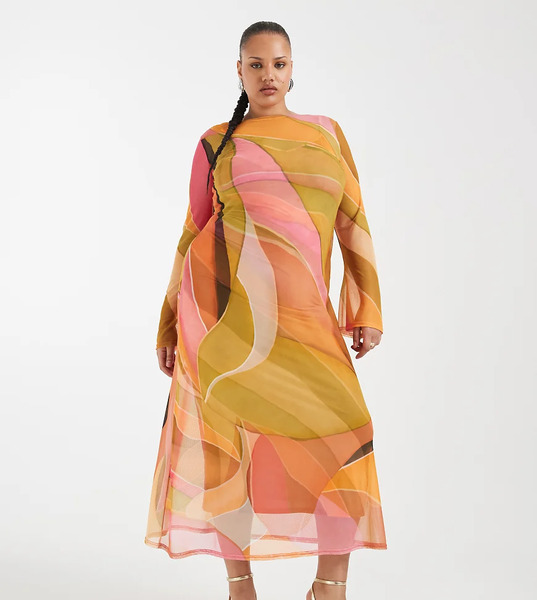  Never Fully Dressed Plus Vestido Largo Multicolor De Manga Larga Con Estampado Abstracto De Malla Aria De Never Fully Dressed Plus 