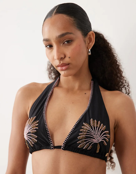 Never Fully Dressed Top De Bikini Negro Triangular Con Bordado De Palmeras De Never Fully Dressed (parte De Un Conjunto) 
