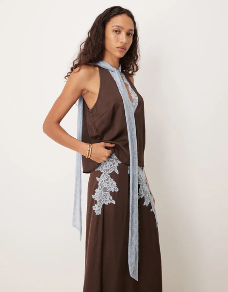  Never Fully Dressed Top Marrón Chocolate Con Cuello Subido Y Ribete De Encaje De Never Fully Dressed (parte De Un Conjunto)-brown 
