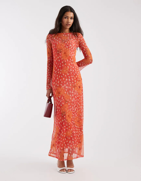  Never Fully Dressed Vestido Largo Coral De Manga Larga Con Estampado De Lunares Y Amapolas De Malla Aria De Never Fully Dressed-naranja 