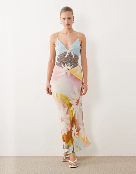  Never Fully Dressed Vestido Largo En Tonos Pastel De Tirantes Con Estampado De Soles De Satén Valeria De Never Fully Dressed-multicolor 