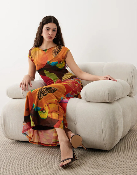  Never Fully Dressed Never Fully Dressed - Vestido Largo Naranja Con Estampado De Papaya Y Mangas De Casquillo De Malla Rio-multicolor 