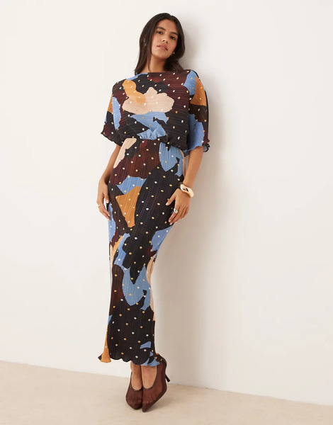  Never Fully Dressed Vestido Largo Plisado Con Estampado Otoñal Metalizado Y Hombro Caído Tilly De Never Fully Dressed-brown 