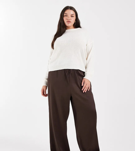  New Look Plus Pantalones Marrones De Pernera Ancha De Satén De New Look Curve-brown 