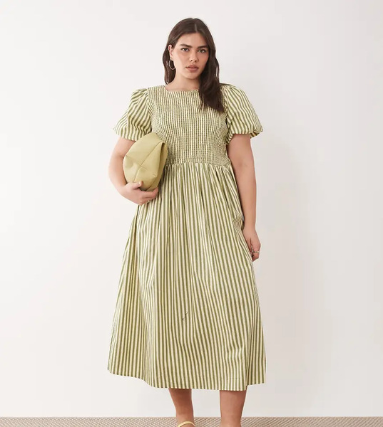  New Look Plus Vestido Midi Verde A Rayas Fruncido De New Look Curve 