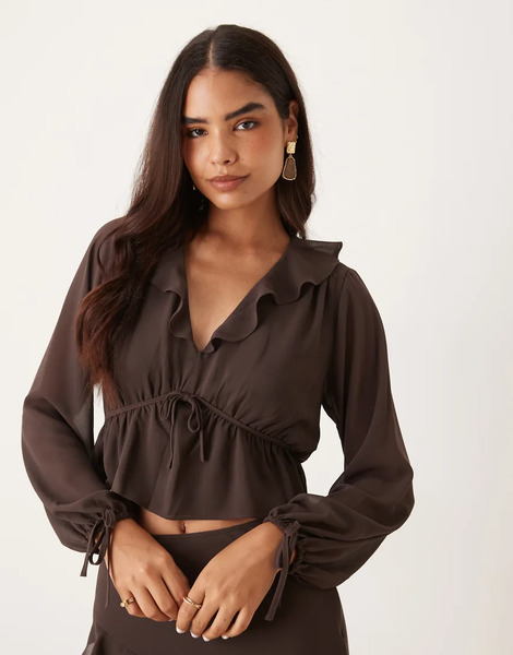  Nobody's Child Blusa Marrón Chocolate De Estilo Bohemio Con Volantes Arden De Nobody's Child (parte De Un Conjunto)-brown 